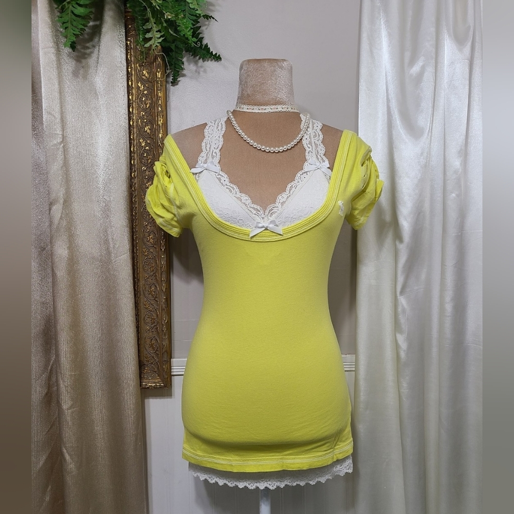 ♡ Y2K ♡ Abercrombie Neon Yellow Off Shoulder  Scrunch Sleeve Summer Top